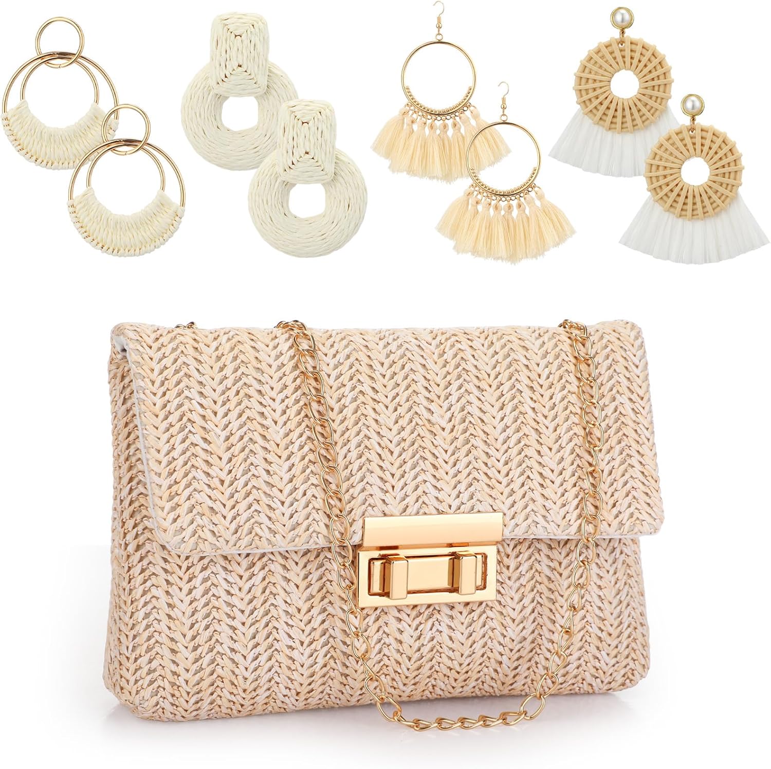 Dansydaisy 5 Pack Striped Straw Clutch Purse Crossbody Vacation Handbag Woven Rattan Dangle Earrings for Women(Colorful,Square Buckle)
