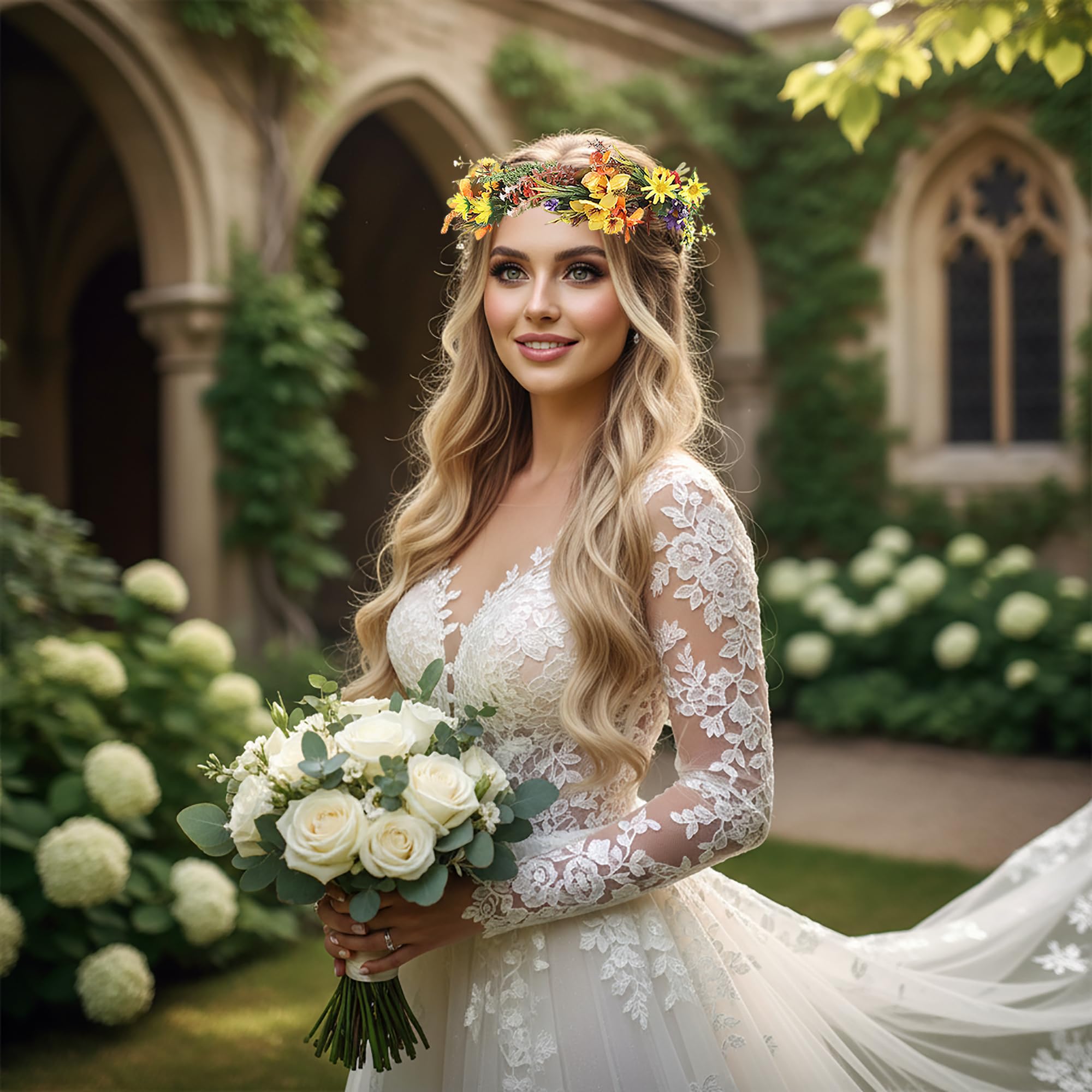 Blumenkrone Blumengirlande Stirnband Haarkranz Floral Kopfschmuck Halo Boho Party Abschlussball Hochzeit Fotos Golden