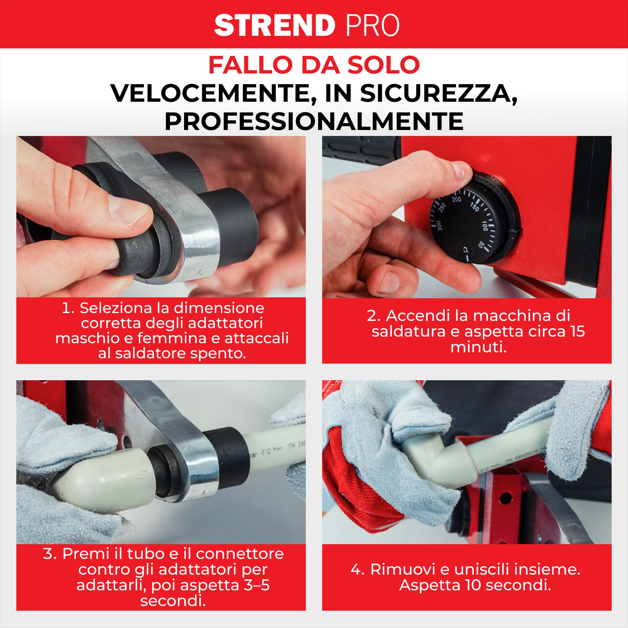 STREND PRO Saldatrice a Manicotto | 1500W Polifusione | Per Tubi in Plastica Ø20–63 mm - PPR, PE | Saldatrice Professionale con 14 Accessori | Regolazione 0–300°C