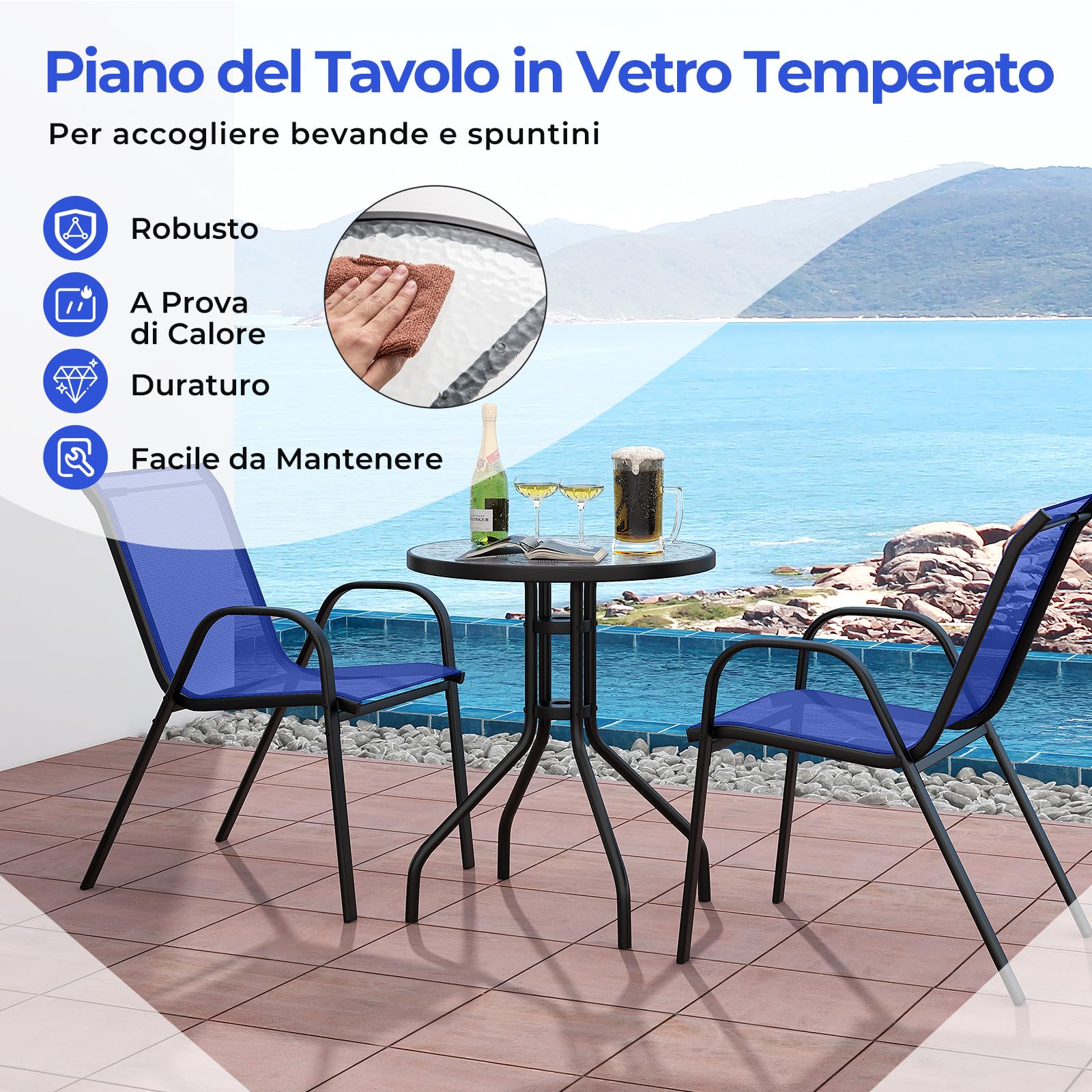 COSTWAY Set Mobili da Giardino 3 Pezzi, con Tavolo Rotondo in Vetro Temperato e 2 Sedie in Textilene Traspirante, per Esterno Balcone Giardino (Blu)