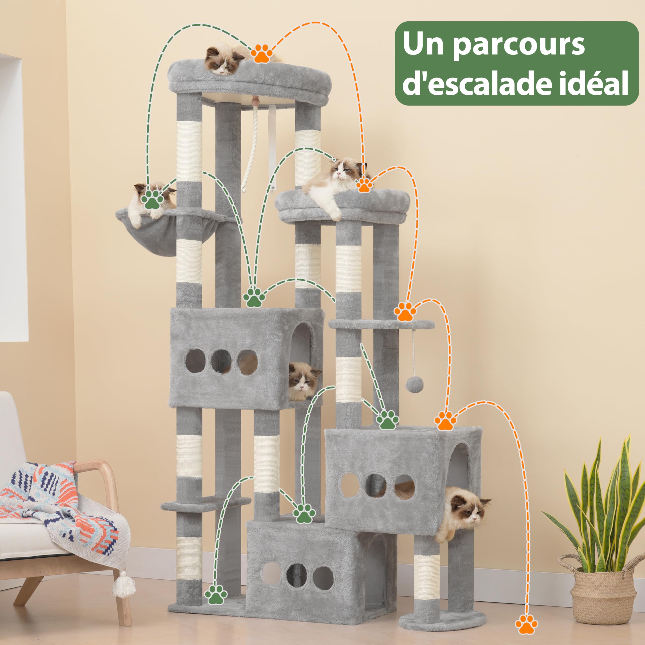 Gitelsnour Arbre à Chat 182 cm pour Grands Chats, Tour pour Chats Stable avec 3 Grandes niches, 3 Plateformes, Panier et 10 poteaux à griffer, idéal pour Famille multichats, Gris Clair GCT036W