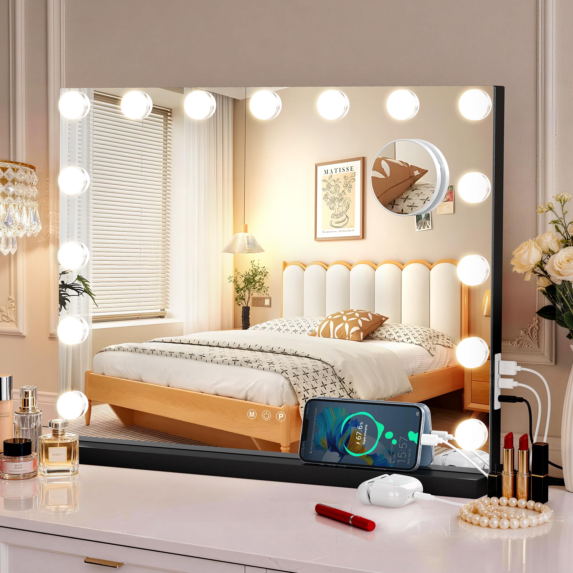 Hollywood Schminkspiegel mit Beleuchtung,Schminkspiegel mit 3 Farbmodi,Dimmbar Kosmetikspiegel mit beleuchtung,USB und 10X Vergrößerung für Tischspiegel, Geschenk zum Muttertag, 58x46cm-15LED