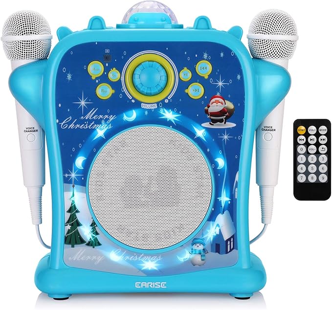 EARISE T29 Karaoke Machine for Kids Boys with Voice Changer, Portable PA Bluetooth Speaker Singing Machine with 2 Wired Microphones, LED Disco Lights, Recording, Supports USB/AUX