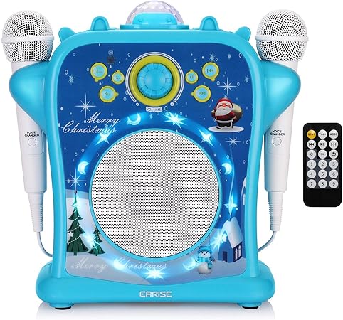 EARISE T29 Karaoke Machine for Kids Boys with Voice Changer, Portable PA Bluetooth Speaker Singing Machine with 2 Wired Microphones, LED Disco Lights, Recording, Supports USB/AUX