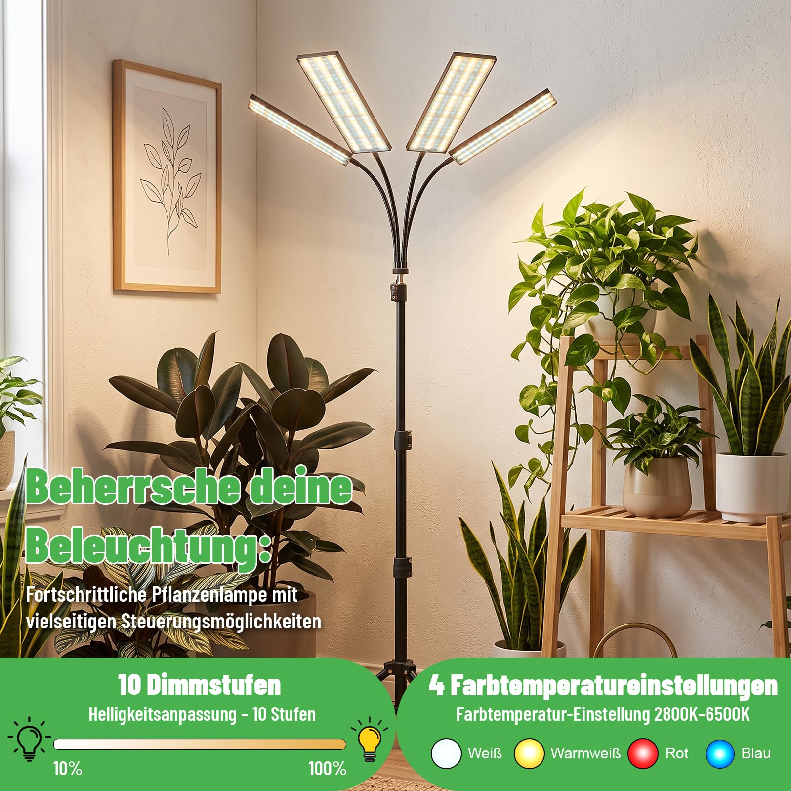 Lampe Horticole Led,32W 480LEDs Lampe Plante Interieur avec Trépied | 4Têtes Lampe Led Horticole Spectre Complet Minuterie 3/9/12,4 Modes,10 Niveaux,Bras Flexible 360°,Pour Plantes D'intérieur