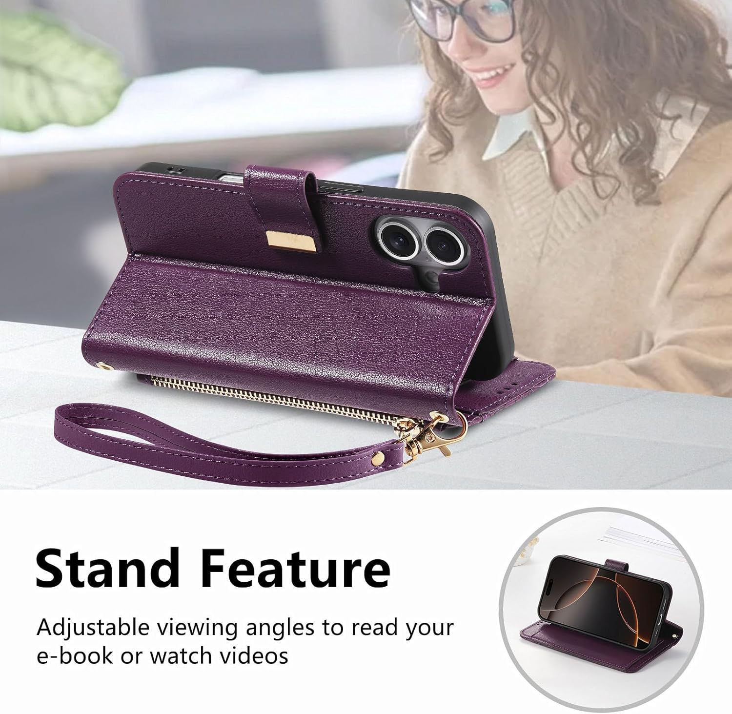 for iPhone 17 Wallet Case,PU Leather Flip Cover with Card Slots Kickstand Zipper Coin Pocket,Floral Embossed PU Leather Protective Cover Purse for Women Girls 6.3 Inch Deep Purple - Image 4