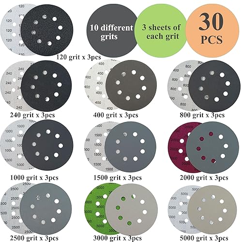 Miniatura 2 de Rouswee 30 discos de lijado de 1202404008001000, grano 12024040080010001500250030005000 compatible con lijadora orbital aleatoria (30 piezas de 5