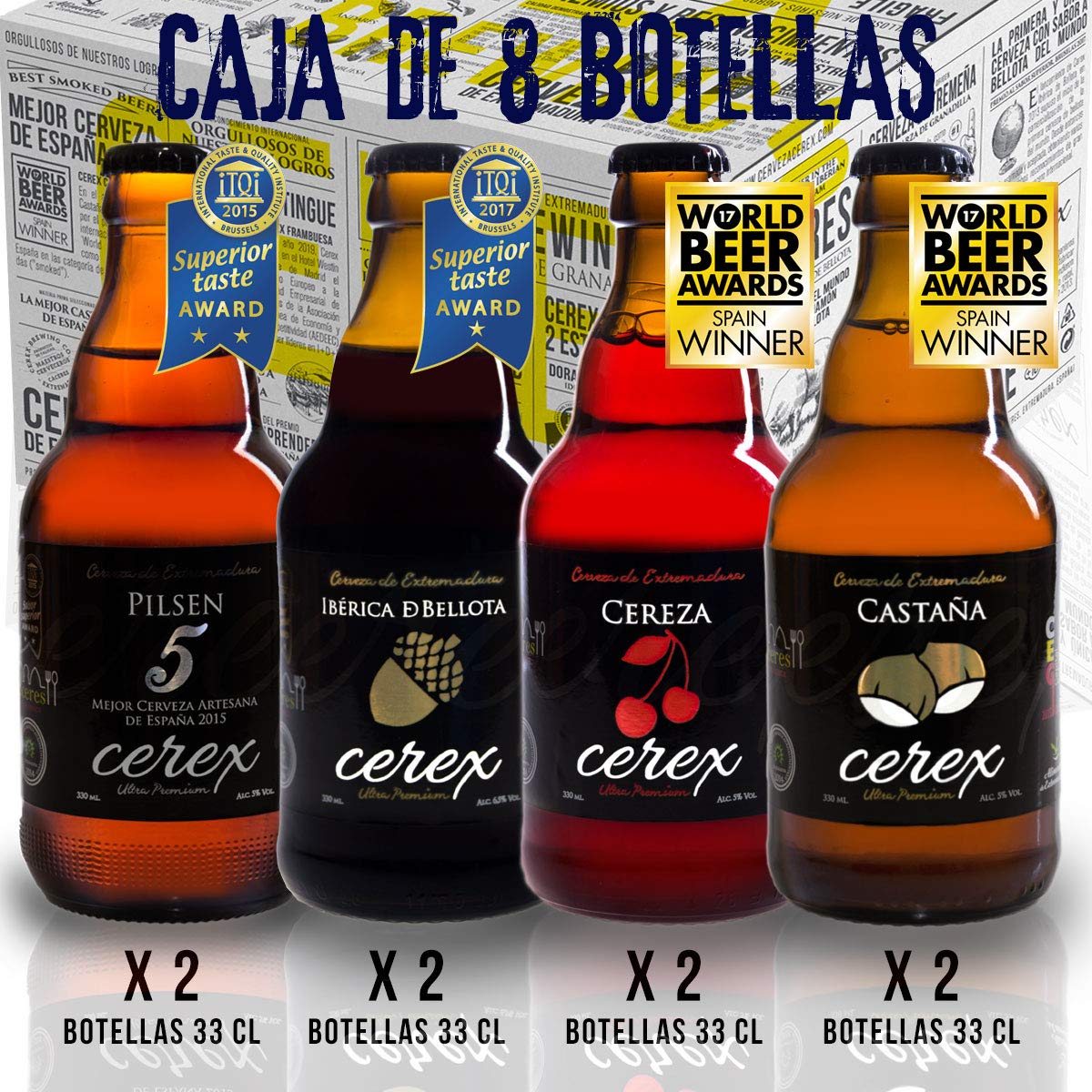 CEREX- Pack Degustación de 8 Cervezas Artesanas - Cerveza de Castaña, Ibérica de Bellota, Cereza y Pilsen