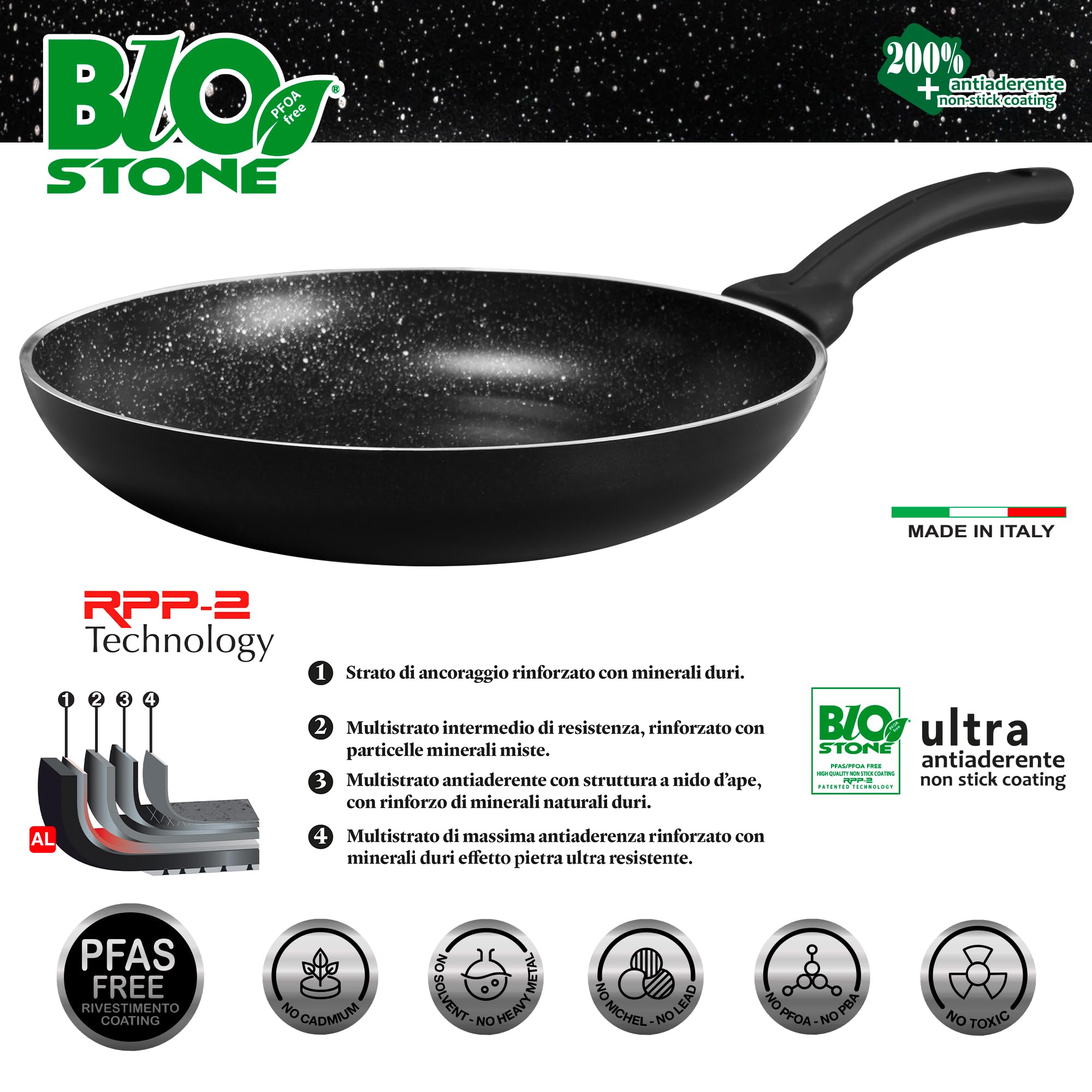 Pensofal, Padella alta, Serie BioStone®, Alluminio con rivestimento antiaderente, Diametro 28 cm, Manico in bakelite, Adatta All'Induzione, Effetto Pietra, Nero