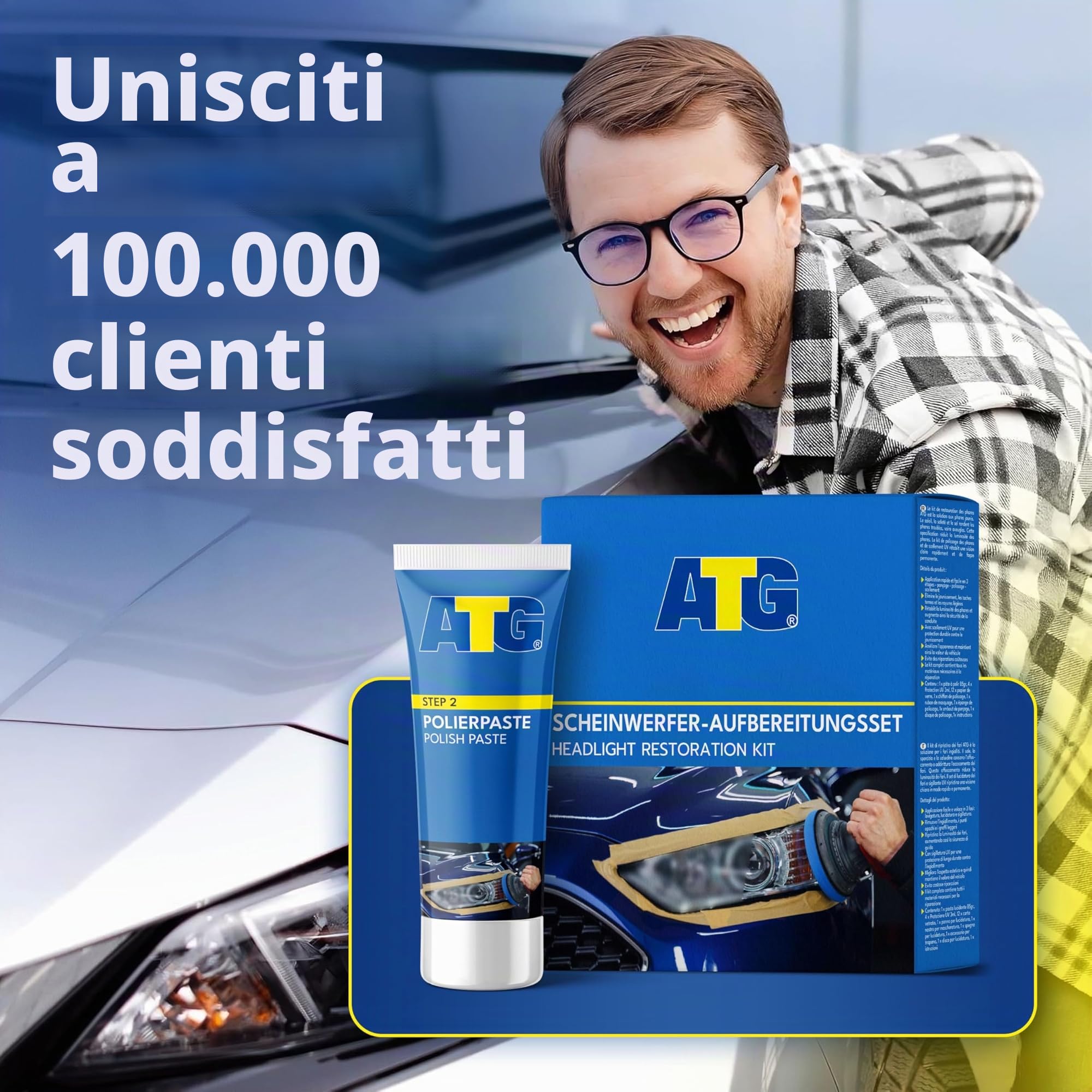 ATG® Kit Rinnova Fari Auto – Kit Lucidatura Fari Auto Opachi e Ingialliti – Ripristino, Pulizia e Rigenerazione Fari in Plastica – Lucida Fari Auto, Migliora Visibilità e Aspetto