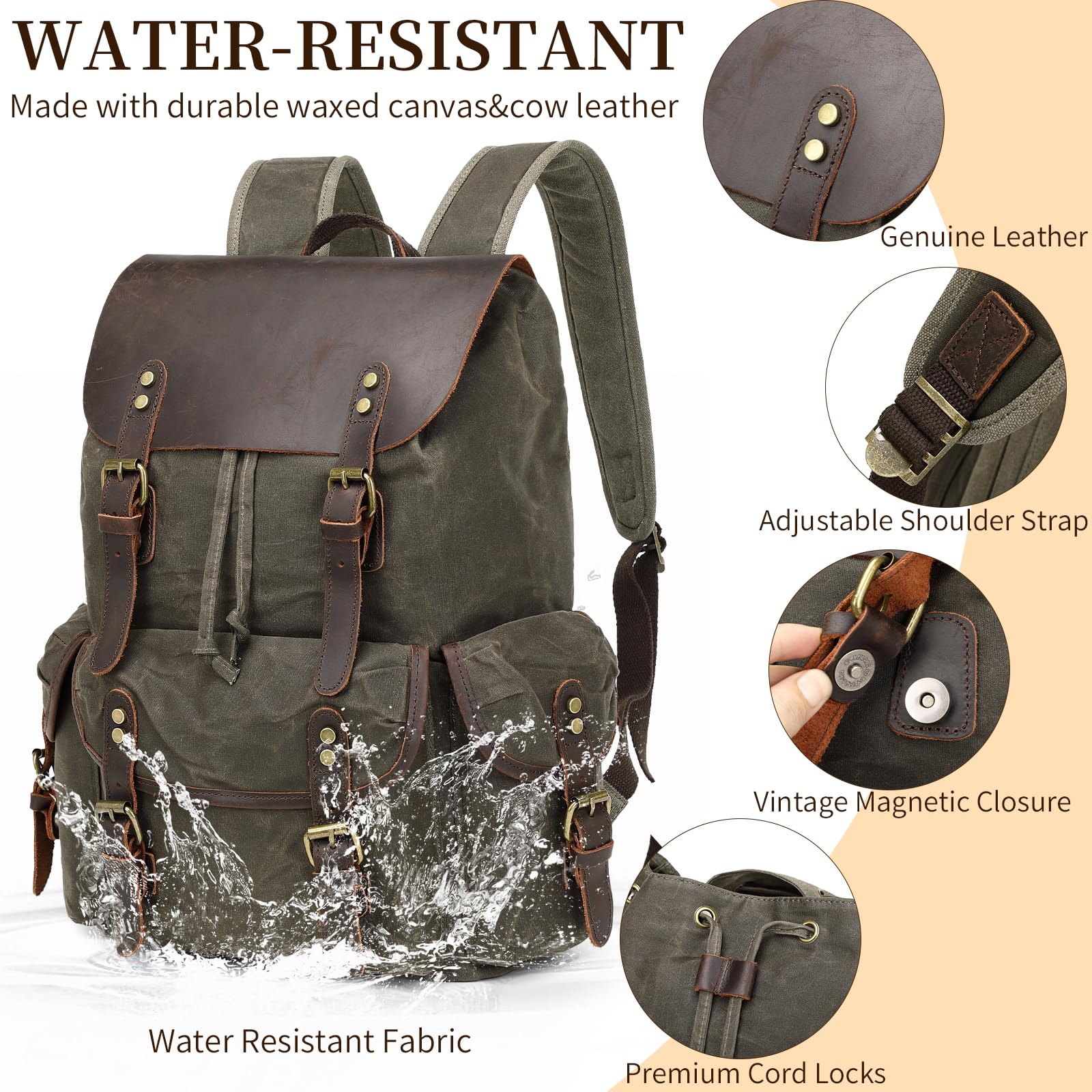 Wogarl Zaino vintage in pelle e tela, zaino a tracolla in tela cerata con articoli da toeletta per viaggi, campeggio, escursionismo, università d'affari, adatto per laptop da 17", verde, Verde