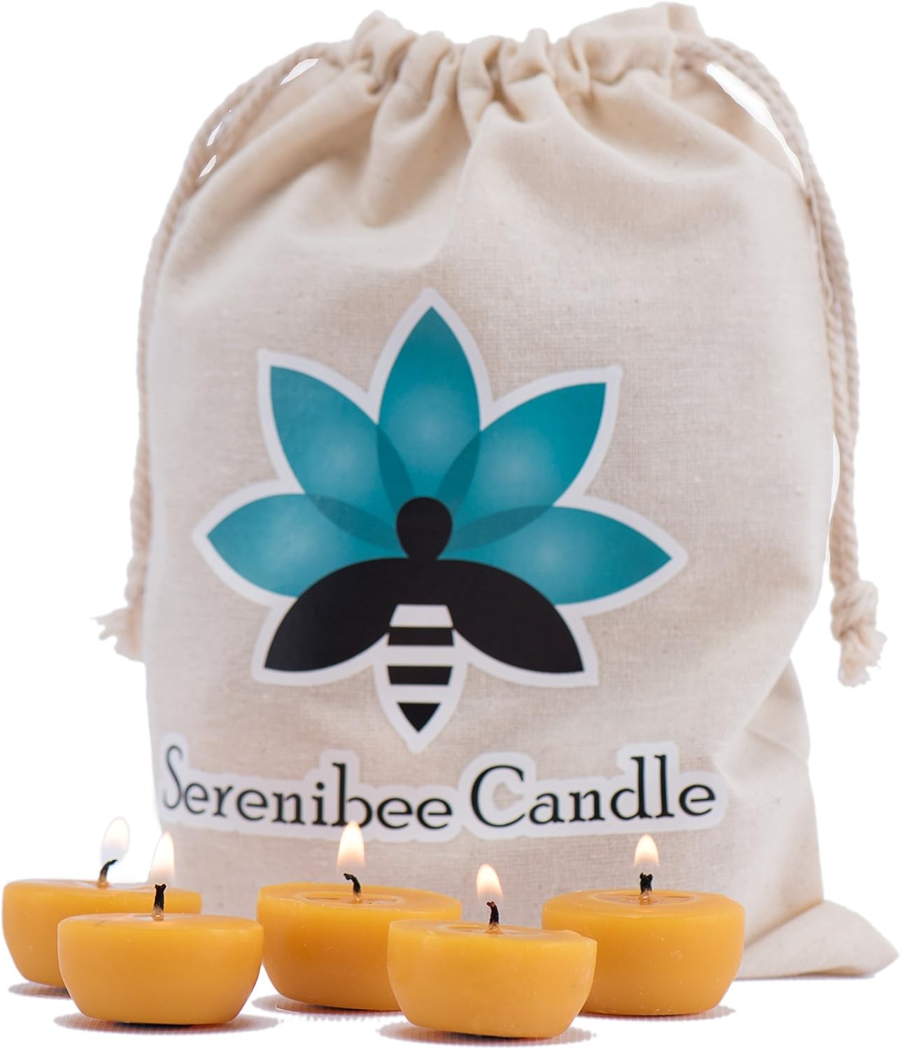 Serenibee Candle 100% Pure Beeswax Tea Light Candles with Two Custom Reusable Glass Candle Holders and Reusable Cotton Bag Eco Friendly Gift Set(24)
