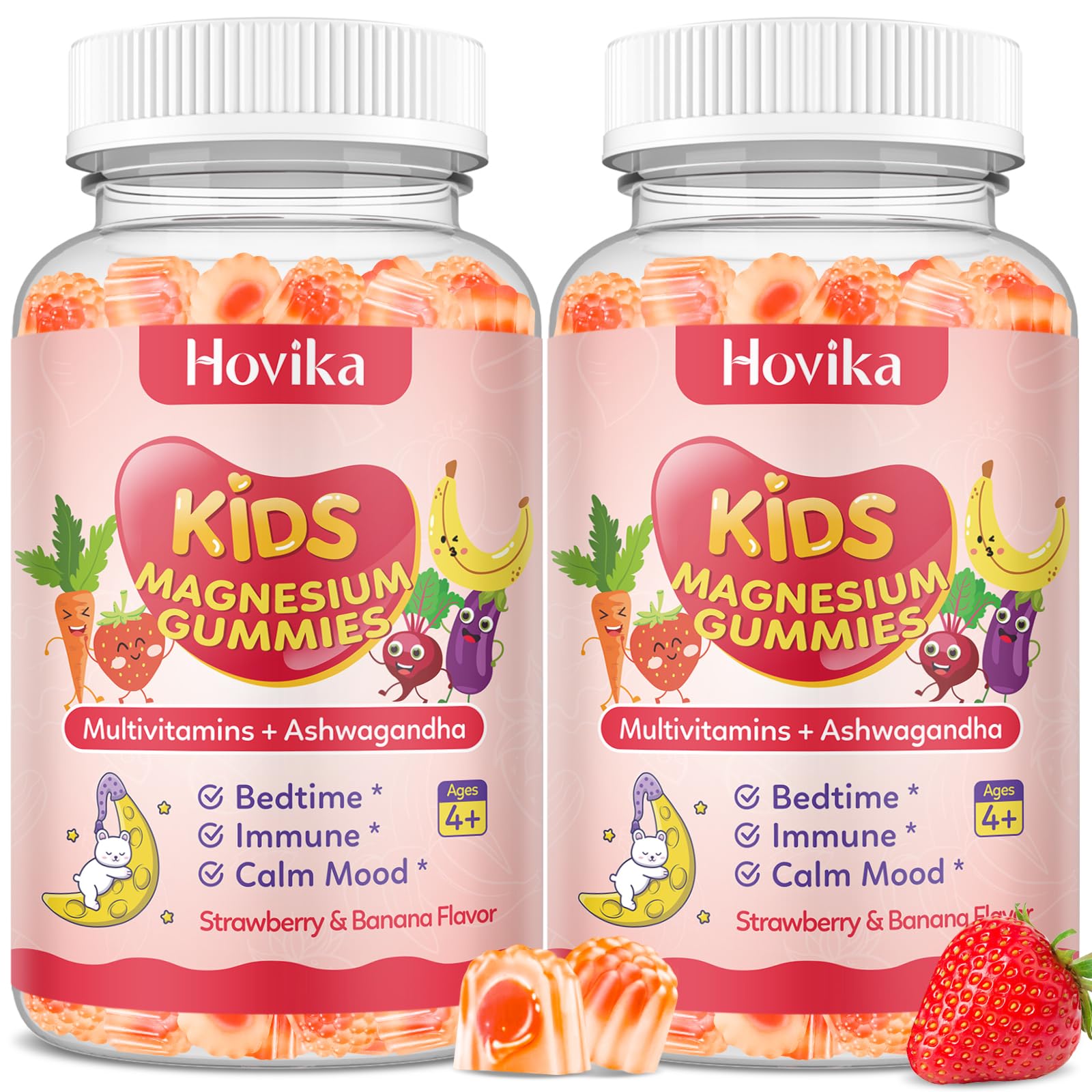 Magnesium Glycinate Gummies for Kids - Kids Magnesium Gummies, with L-Theanine, Chamomile & Multivitamins for Sleep, Calm & Focus - Strawberry Banana Center-Filled Gummies 60 ct (2 Pack) Strawberry & Banana 60 Count (Pack of 2)