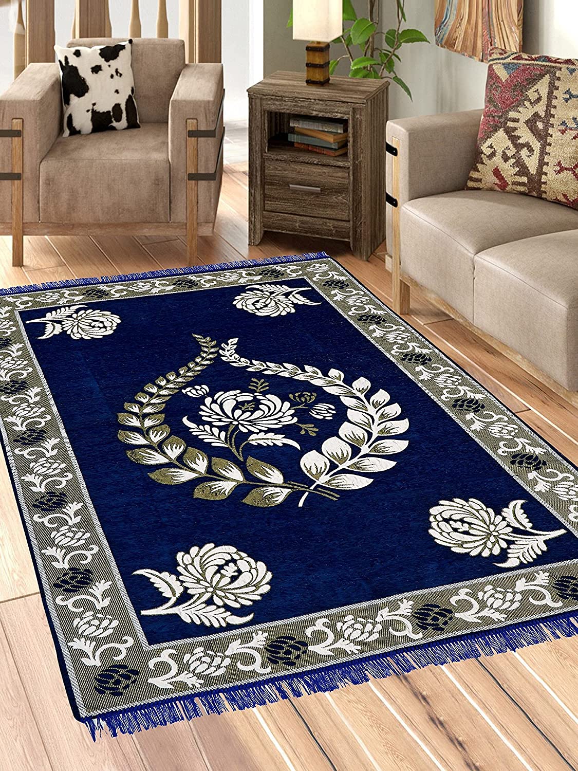 Linen Basics Designer Superfine Exclusive Velvet Chenille Carpet/Area Rug/Bedside Runner, Chenille Living Room Carpet, Durries in Krishna Style (Navy Blue, 4.5 x 6 Feet)