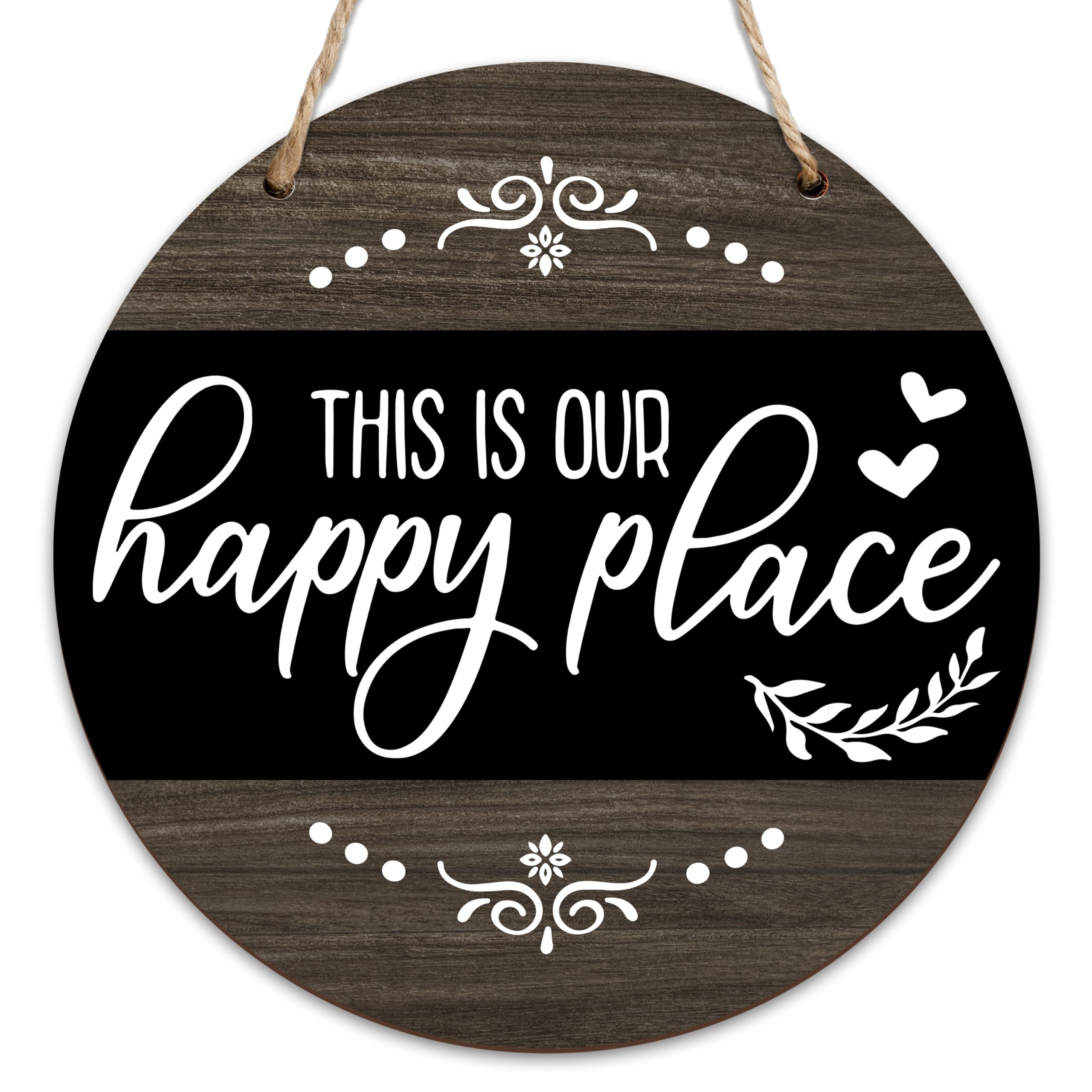 Wooden Welcome Sign For Front Door, This Is Our Happy Place Decor Sign, Greenery Outdoor Hanging Signs For Housewarming Gifts, Rustic Decor For