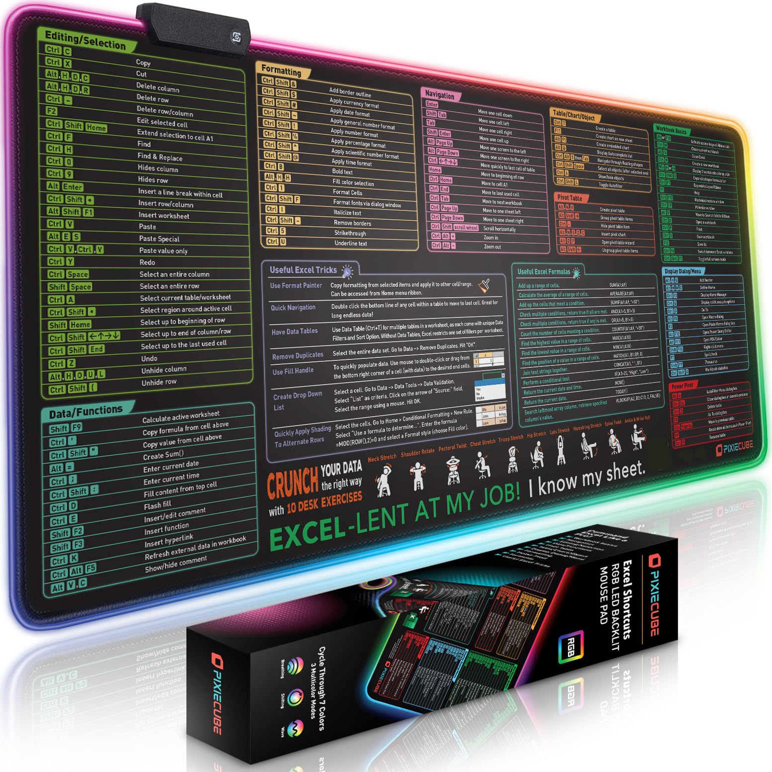 Excel Cheat Sheet LED Desk Pad | Excel Shortcut Keys Mouse Pad - Colorful RGB Luminous Extended Large Gaming Mousepad| PC Office Spreadsheet Keyboard Mat| Non-Slip Stitched Edge Desk Mat