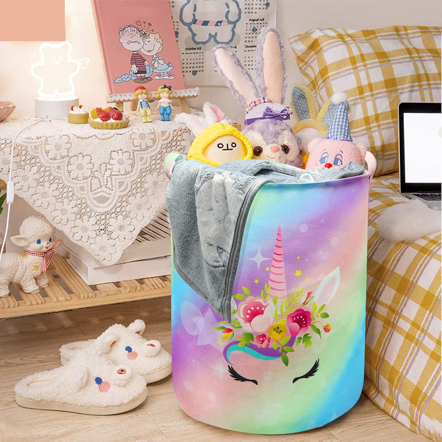 Unicorn Laundry Basket Hamper Large Sized Round Storage Basket Waterproof Bin Collapsible Laundry Basket for Girls Room Organizer, Bedroom Nursery Playroom Clothes (43.3L Cute Unicorn Laundry)