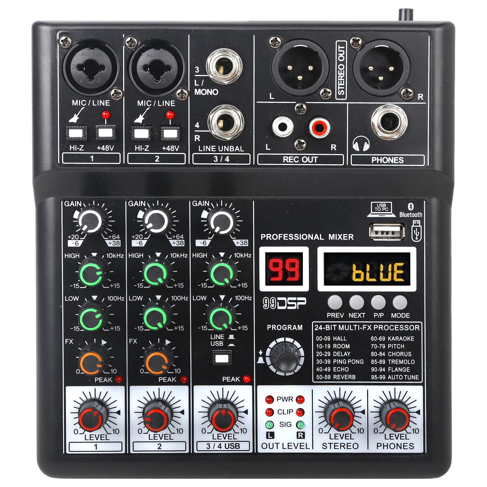 Mikser 4-kanałowy mikser DJ mikser audio USB dźwięki miksery muzyczne z 99 rodzajami efektów cyfrowych DPS