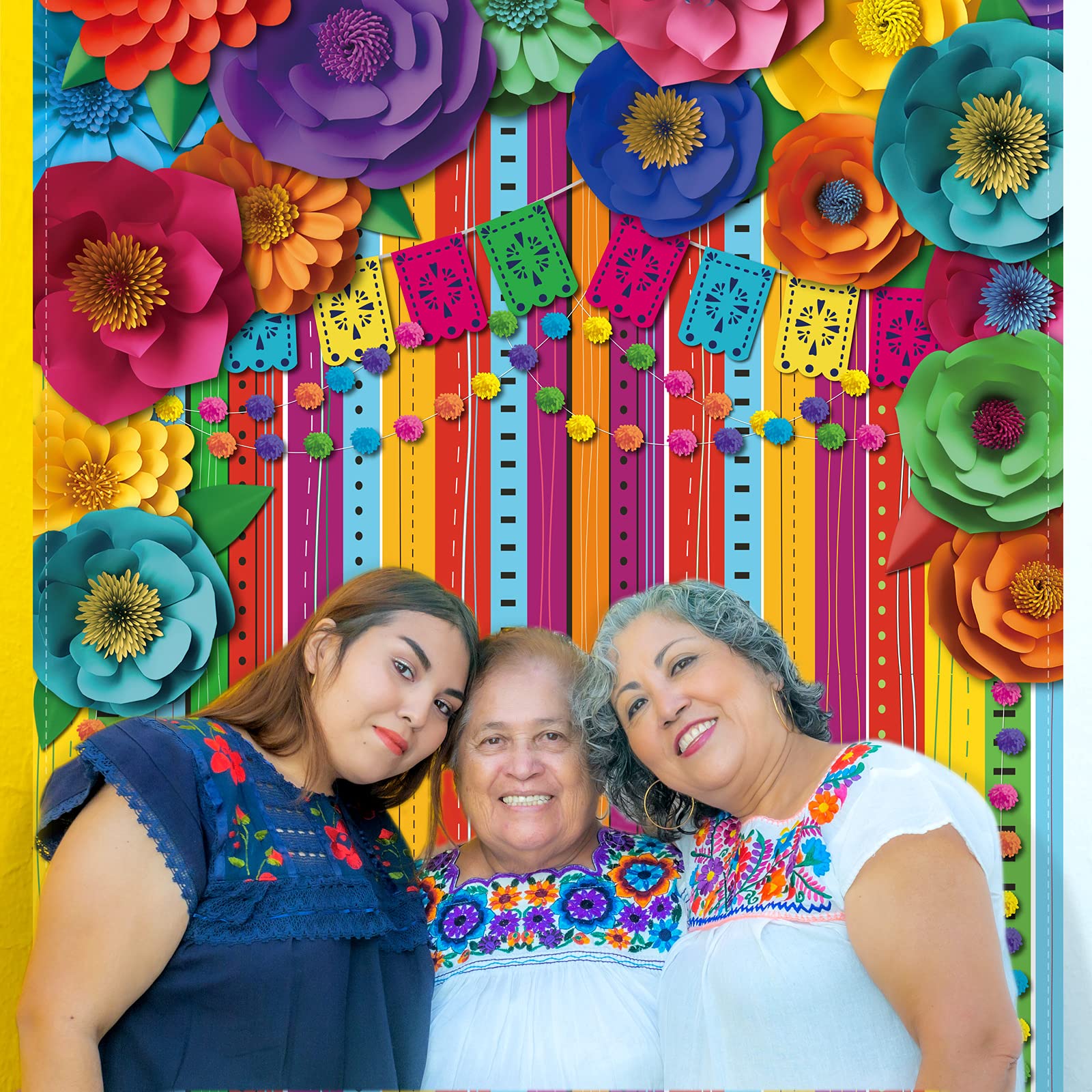 Mexican Fiesta Colorful Striped Backdrop Cinco De Mayo Theme Sarape Paper Flowers Background Party Decorations Cake Table Banner Photo Booth Wedding