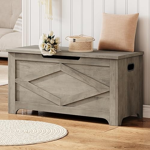 Miniatura 26 de GAOMON Baúl de almacenamiento, baúl de almacenamiento de madera con marco de metal, banco de zapatos de entrada con cojín, organizador de Marrón