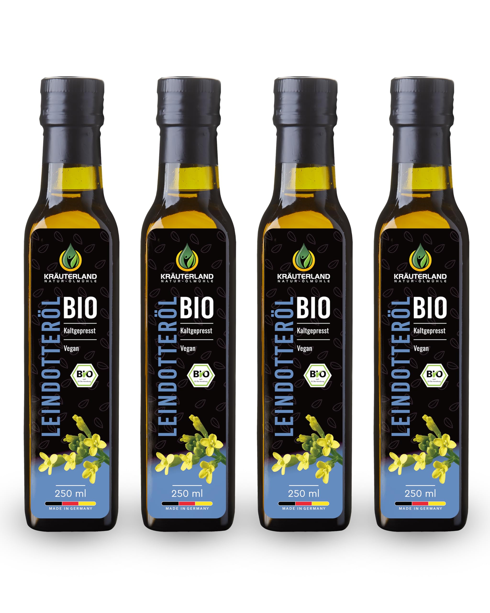 Kräuterland Bio Leindotteröl 4X250ml (1L), Bio Leindotter, kaltgepresst, Rohkostqualität, reich an Vitamin E und Omega 3-6 Fettsäuren, naturrein ohne Zusatzstoffe, glasflasche, mühlenfrisch