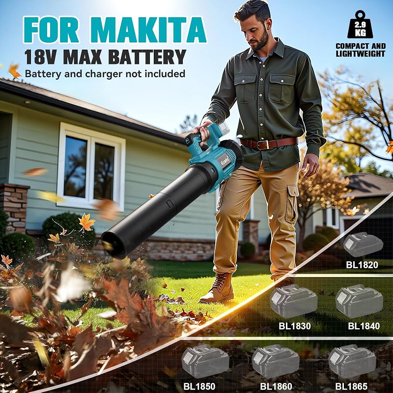 Ecarke Akkumulátoros Lombfúvó Makita 18V-hoz - 500CFM Kefe Nélküli, 150MPH, 6 Sebességfokozat, Rögzítőgombbal, Kerti Munkákhoz (Akkumulátor