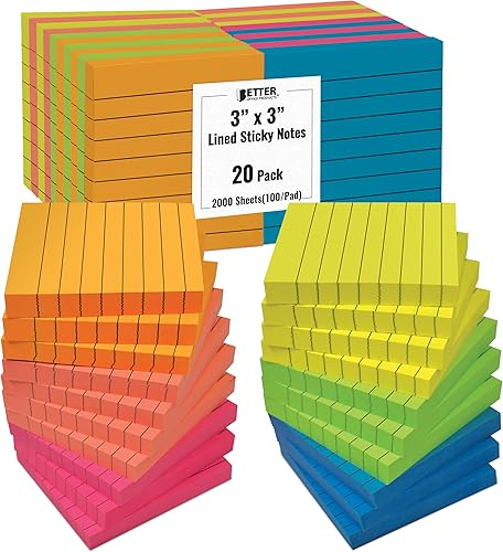 Better Office Products Notas adhesivas forradas de 3 x 3, caja de 20 unidades, 2,000 hojas (100/bloc), notas autoadhesivas con líneas, colores