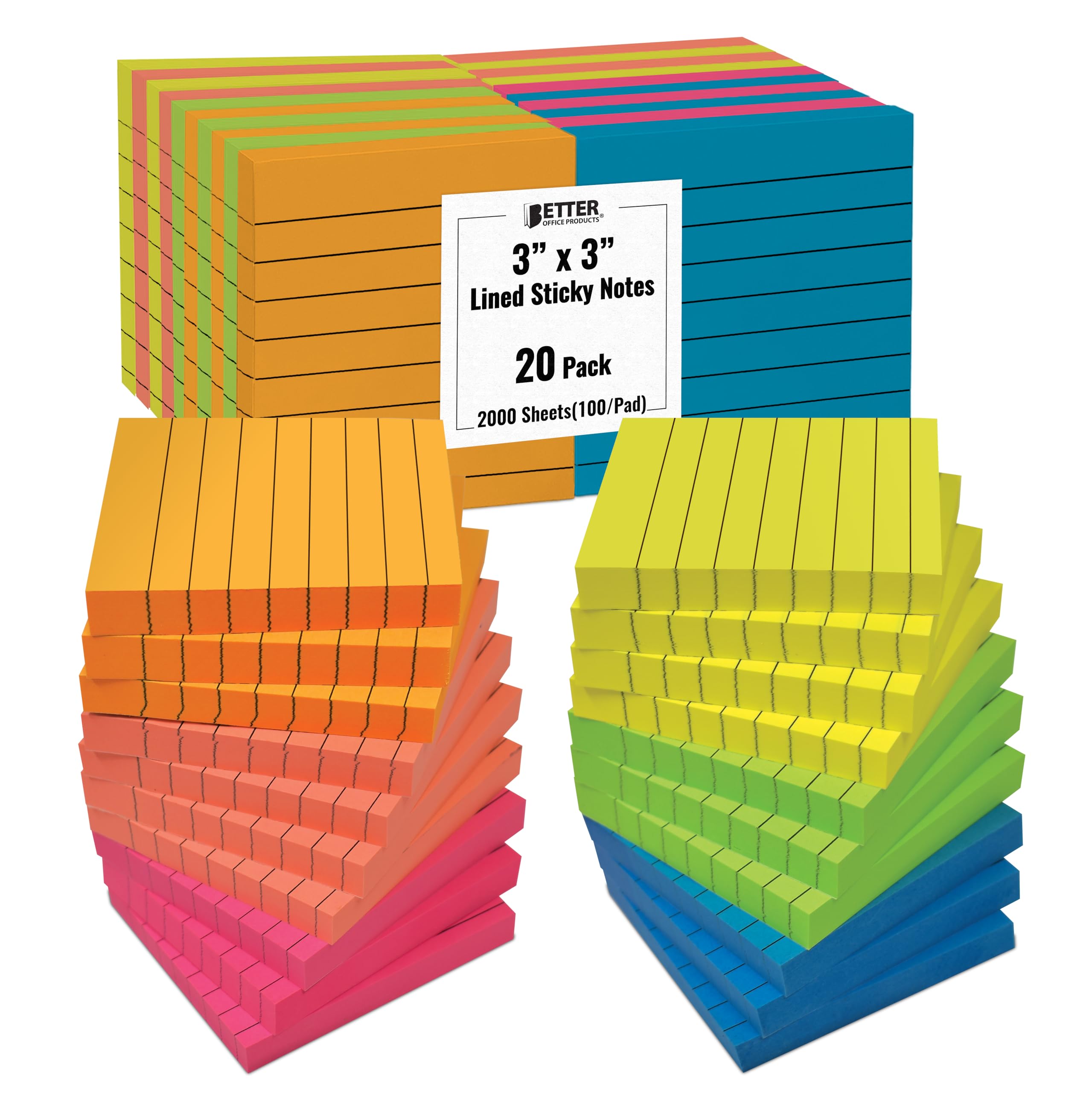 Better Office Products Lined Sticky Notes 3 x 3, 20 Pack Box, 2,000 Sheets (100/Pad), Self Stick Notes with Lines, Bright Assorted Colors, Post Memos, Strong Adhesive, 20 Pads in Box