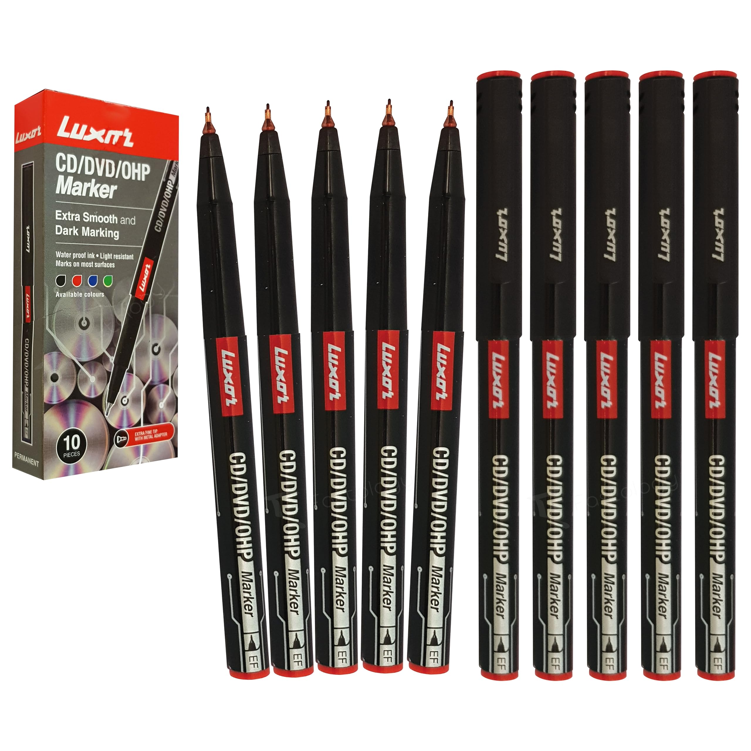 Permanent Marker Pens, RED, Pack of 10, Extra Fine Tip, VAI-3RL CD DVD OHP Marker Pens, Smooth Surface Marking, Quick Dry, iVAIDEX Black Ball Pen