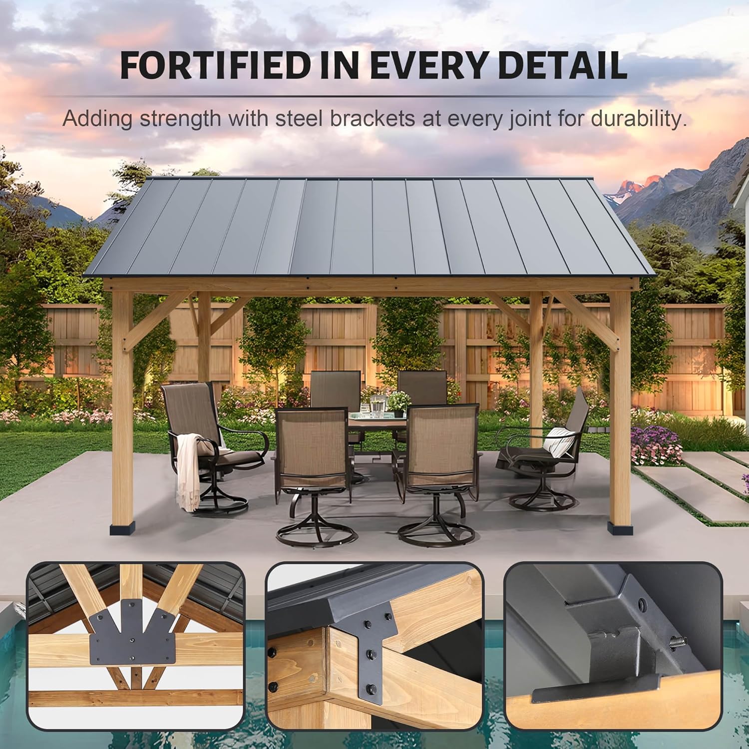 Wood Hardtop Gazebo, Patio Cedar Gazebo with Galvanized Steel Roof for Backyard, Deck, Garden.