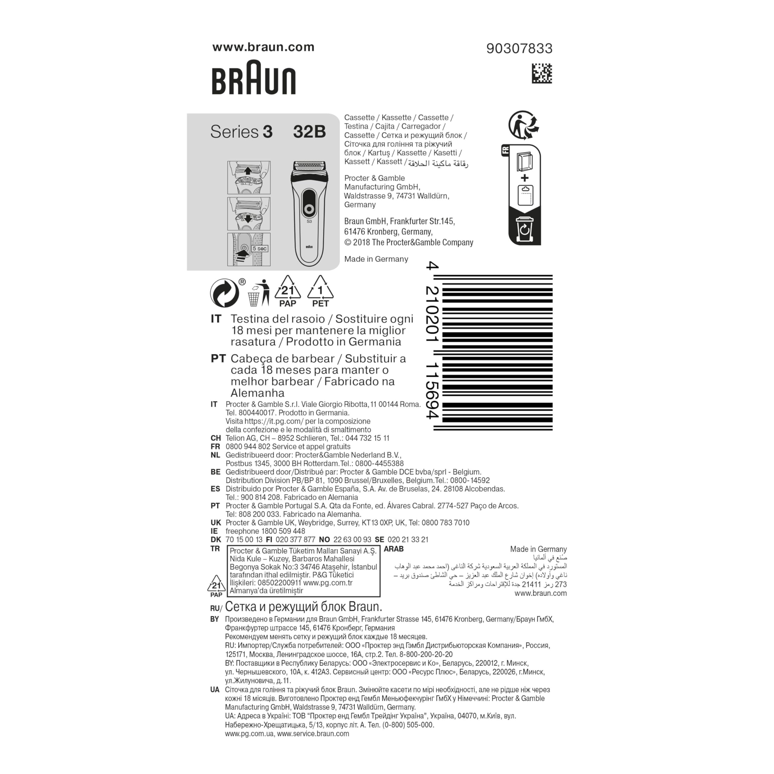 Braun 32B Noire, Tête De Rasoir De Rechange, Originale, Compatible Avec Les Rasoirs Series 3 ProSkin
