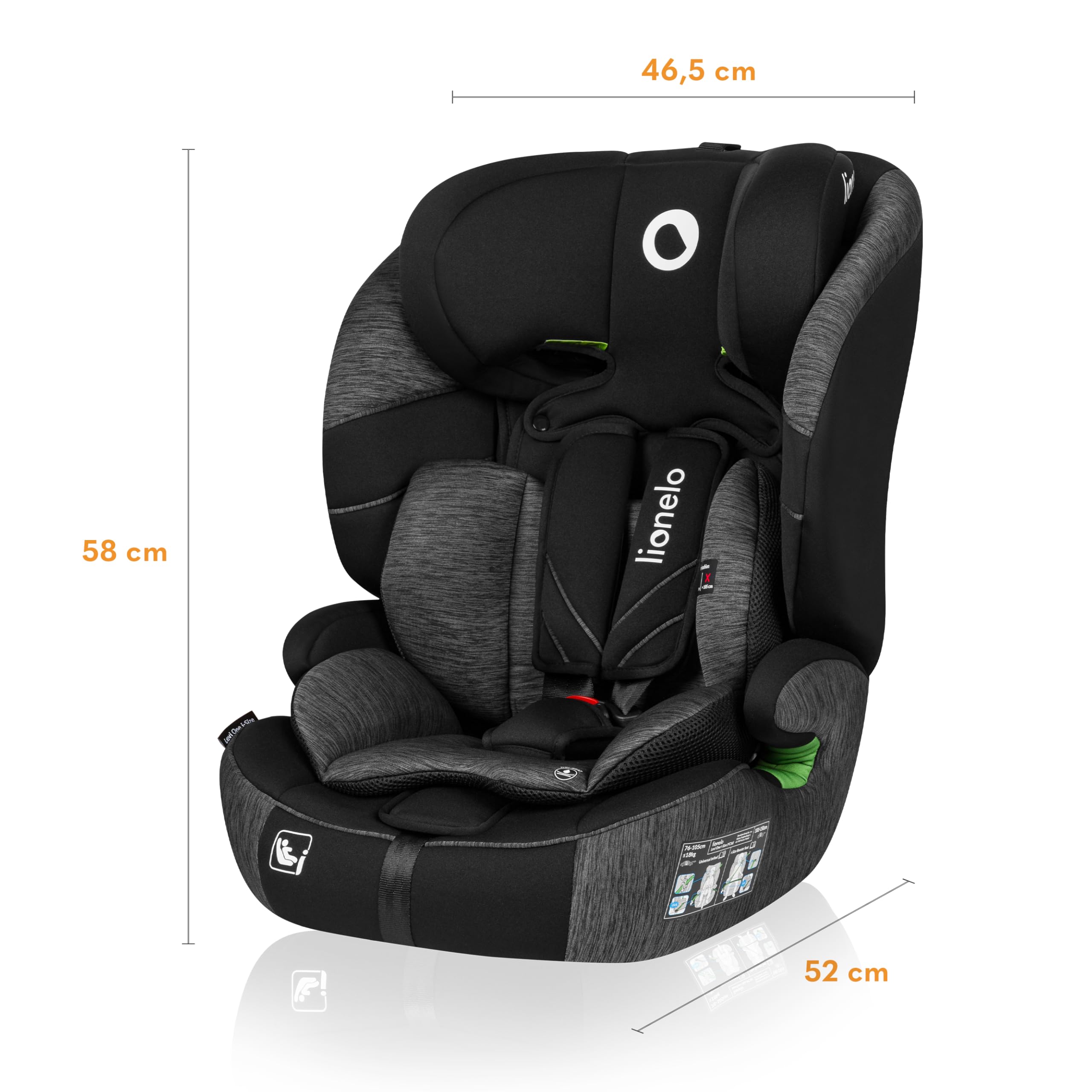 LIONELO LEVI ONE I-SIZE Silla infantil de coche 76-150 cm, Grupo 1 2 3, Protección Lateral, Reposacabezas ajustable de 10 etapas, Reposabrazos Cómodos, Respaldo Extraíble, R129 i-Size