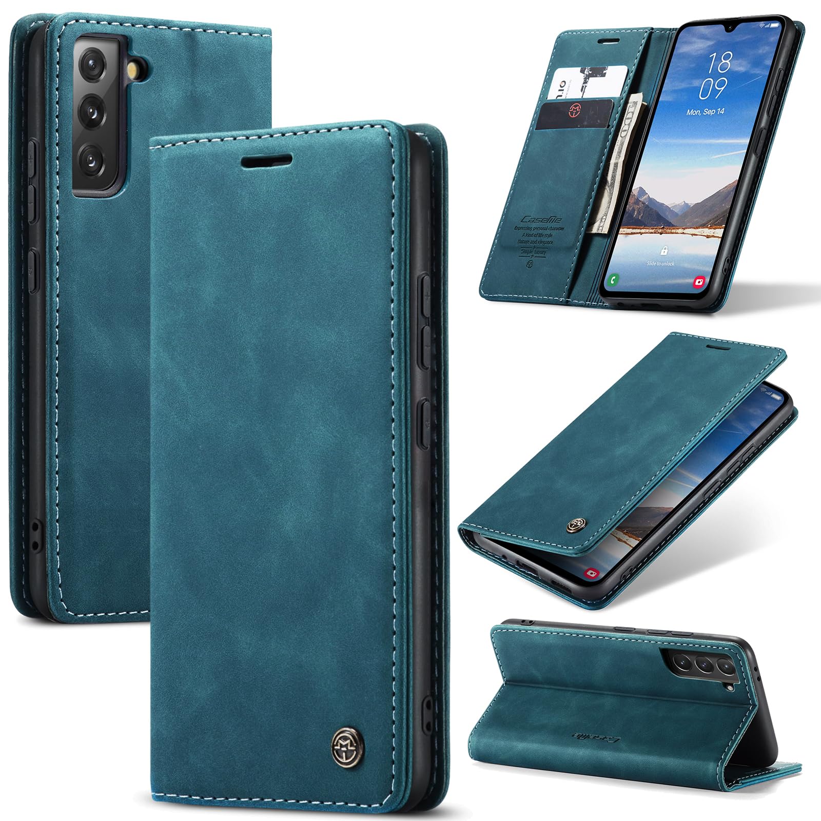 Azororo Cover per Samsung Galaxy S21 5G, Premium PU Pelle Custodia, Magnetica Carta Fessura Portafoglio Case, Flip Cavalletto Custodia per Samsung Galaxy S21 - Blu verde