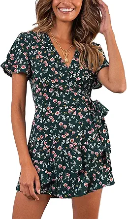 Relipop Summer Women Short Sleeve Print Dress V Neck Casual Short Dresses