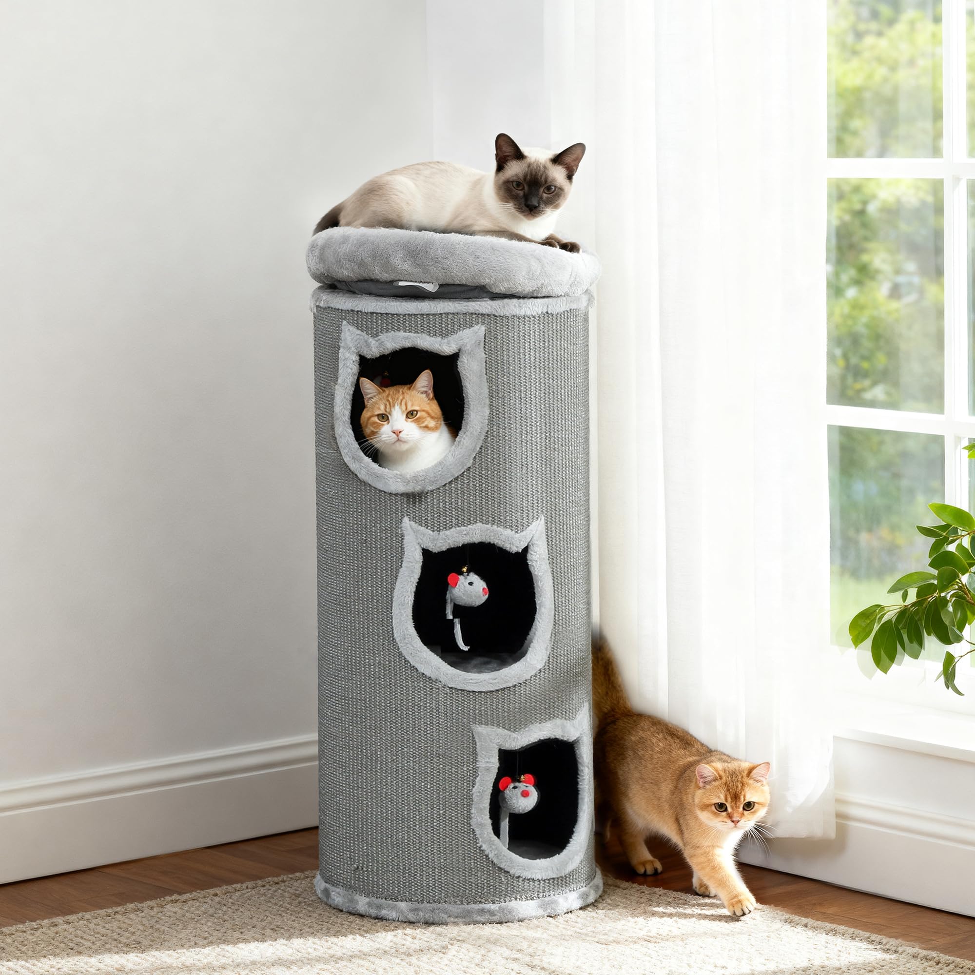 PawHut Kratztonne 96 cm Hoch Ø 38 cm vierstöckige Katzentonne mit Plüschrand, abnehmbarem und waschbarem Plüschbett, Katzenhöhle, Kratzbaum für Katzen unter 6 kg, Grau