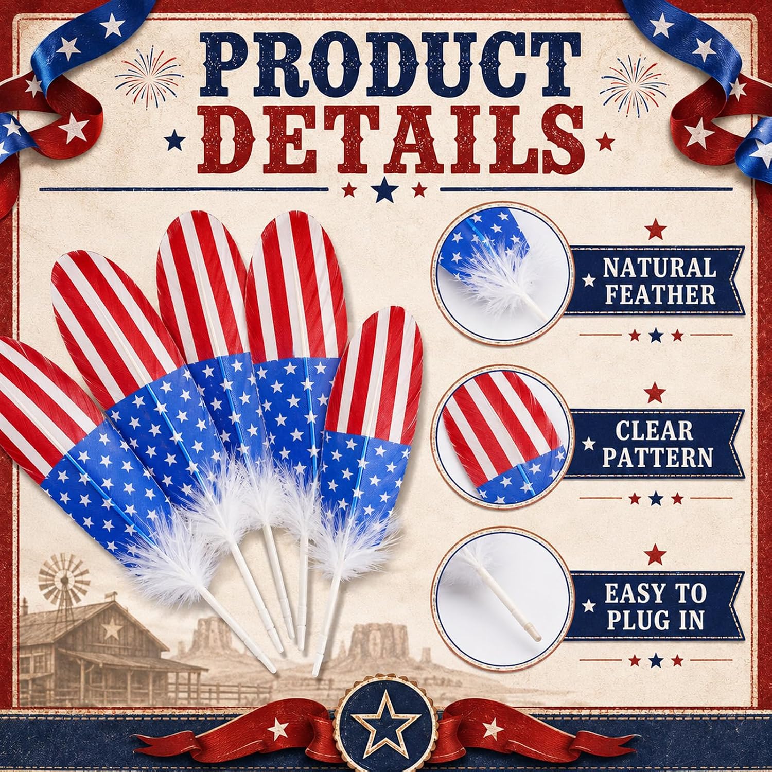 FillTouch 10 Pcs Western Hat Natural Feather American Flag Painted Decor