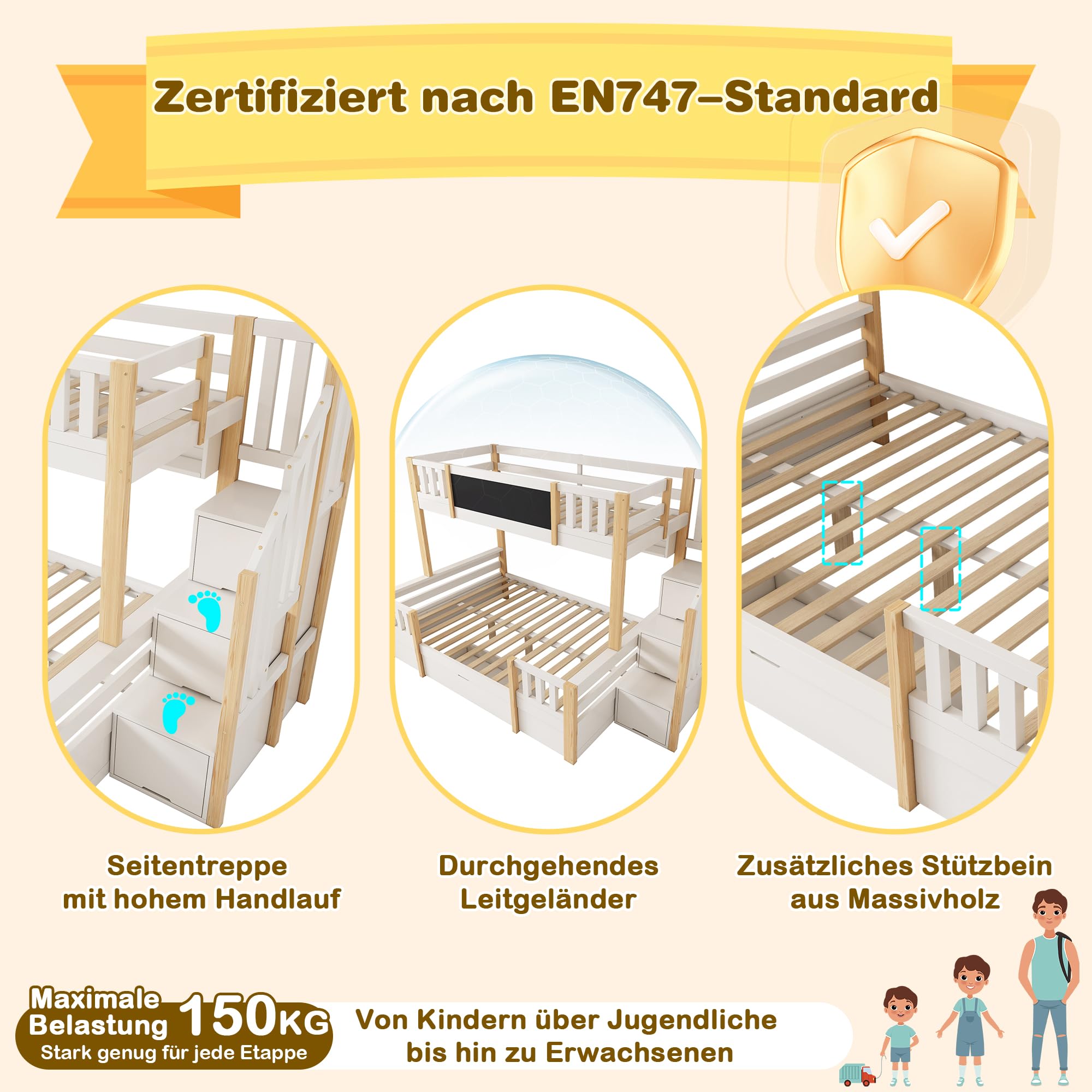 Letto a castello per 3 bambini, 90 x 200 e 140 x 200 cm, in legno massello con lavagnetta, scala di archiviazione, 2 cassetti e armadio scaletta, letto a soppalco/letto a castello per ragazzi