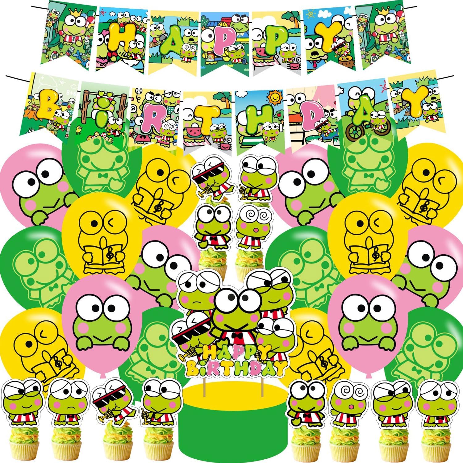 karg Keroppi Party Decorations Set,Keroppi Birthday Party Supplies for Frog of KeroppiIncludes Birthday Banner,Cake & Cupcake Toppers,Balloons for Kids