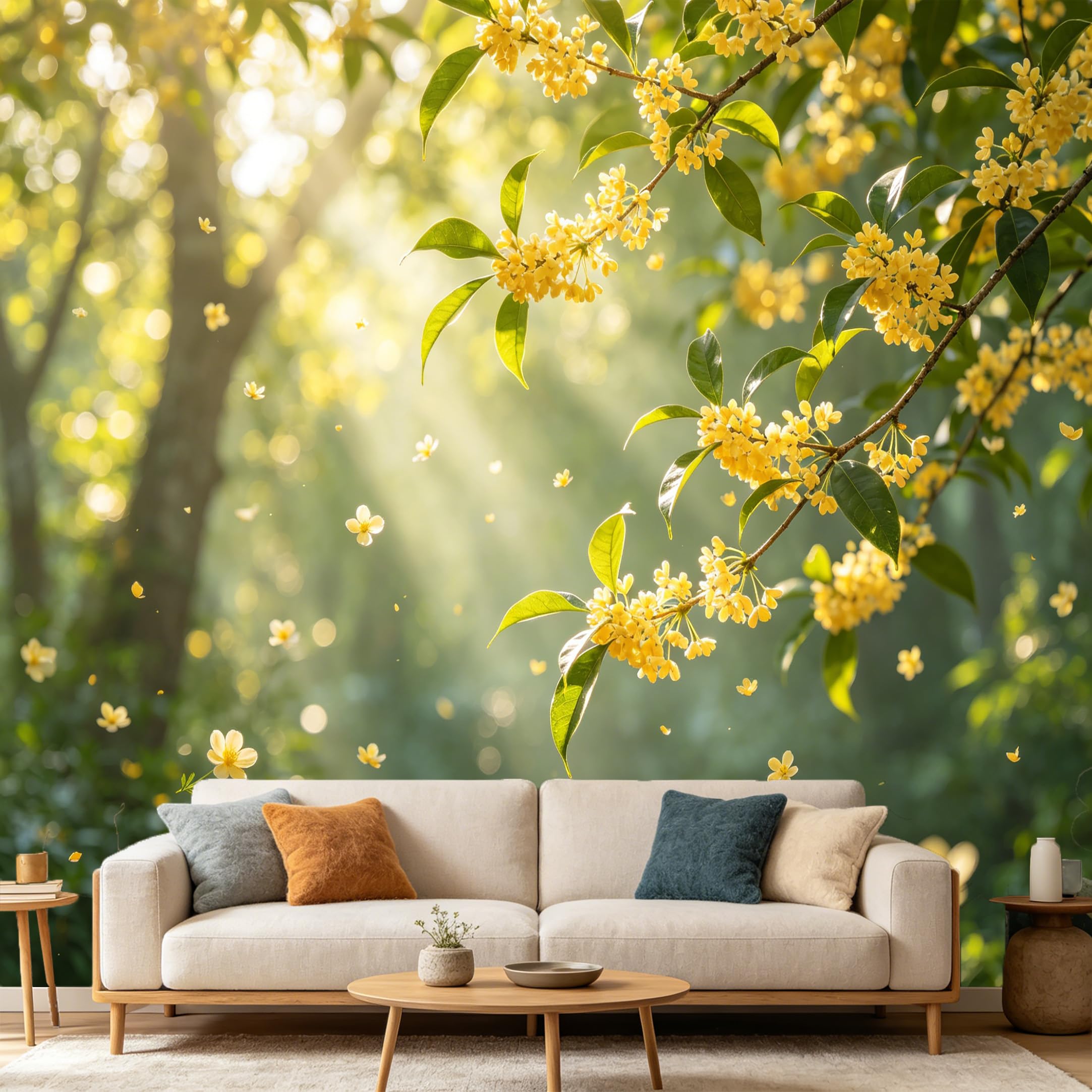 Custom Size Wall Mural Botanical Golden Osmanthus Flowers Sunbeams Nature Landscape SelfAdhesive Art Prints wall Fabric (No PVC) Removable Wallpaper Home Bedroom Decor