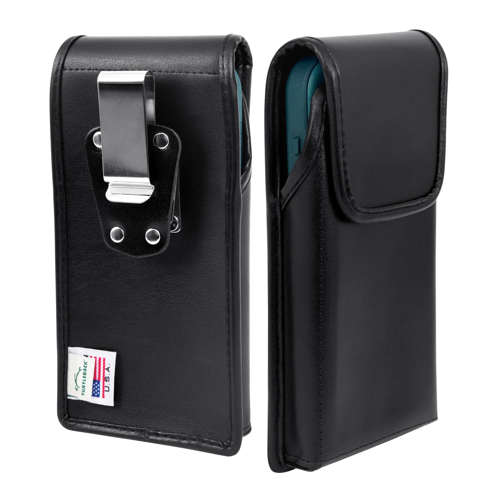 Turtleback Premium Leather Phone Holster for iPhone 15 & 15 Pro, Medium – Black Phone Belt Holder Fits Shockproof Commuter Cases – Phone Holster with Exclusive Metal Belt Clip, Magnetic Closure