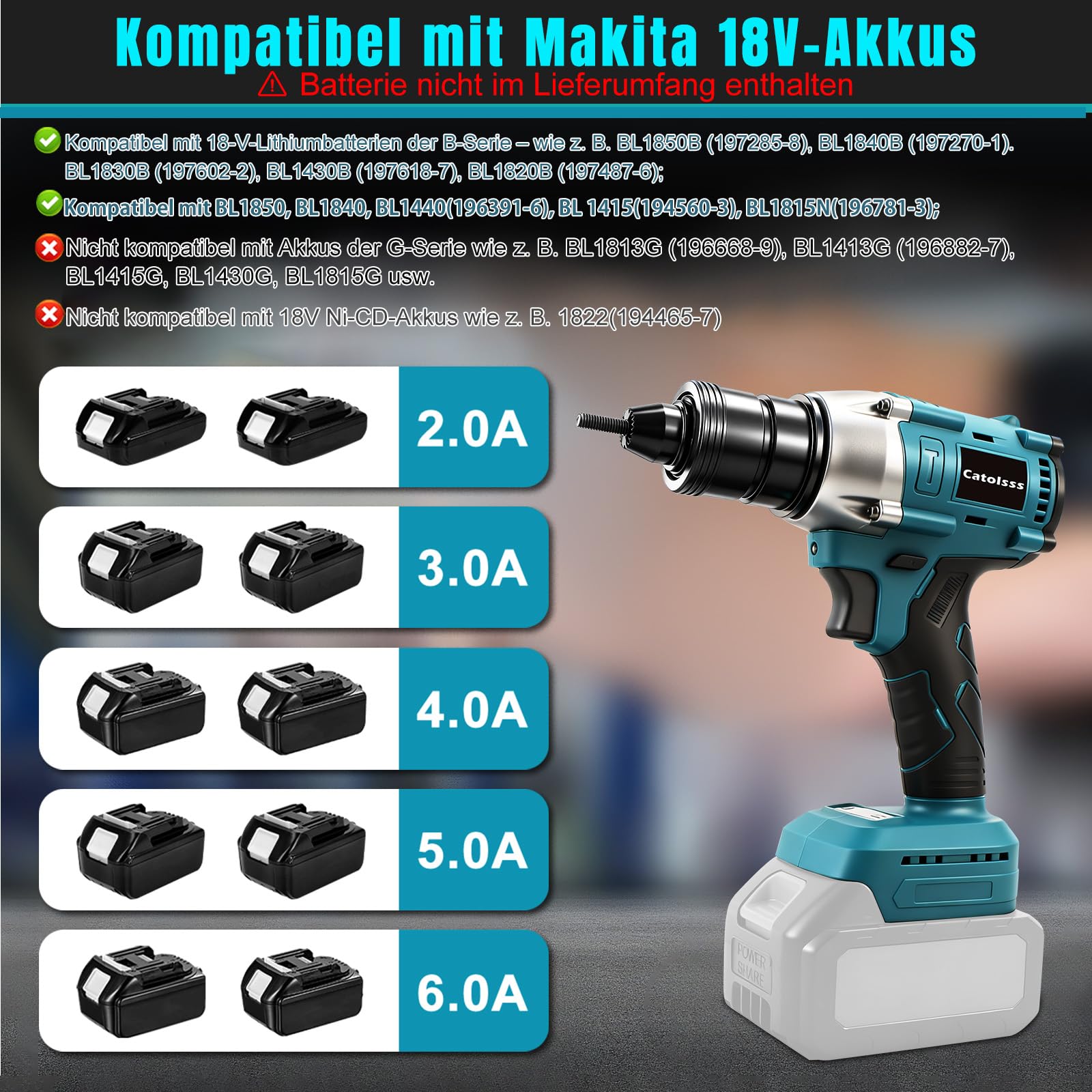 Rivettatrice a batteria compatibile con Makita 18 V, rivettatrice elettrica senza spazzole con tre modalità, per rivetti M4/5/6, cantieri, riparazioni auto e fai da te (senza batteria)