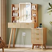 Vista 19 de Mesa de tocador con espejo de luces LED y toma de corriente, juego pequeño de mesa de maquillaje con cajones de almacenamiento y silla, 3 modos