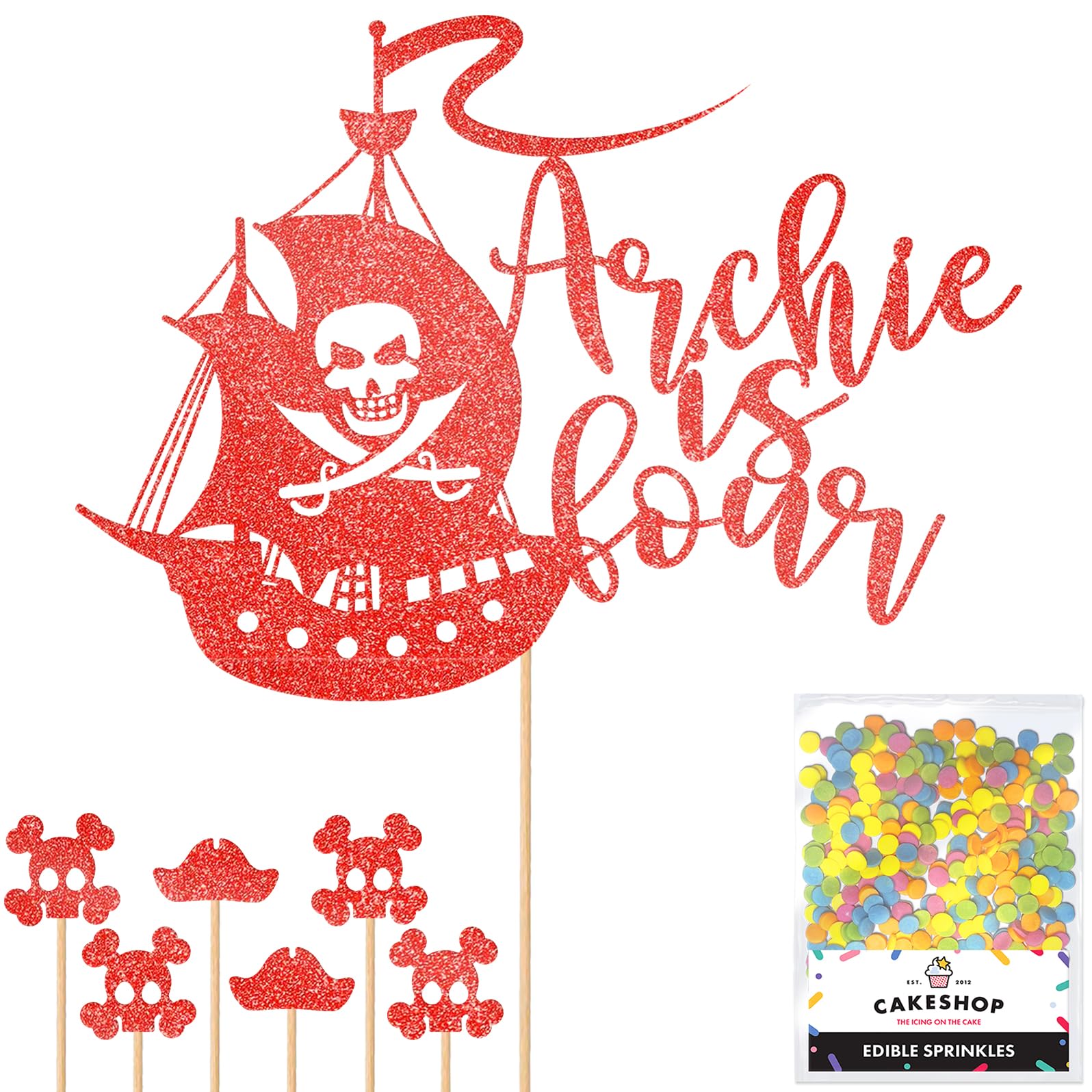 Personalised Birthday Pirate Ship Glitter Cake Topper- Red Any Custom Age & Name Glitter Cake Decoration and Sprinkles - Happy Birthday Decorations - Personalised Toppers for Cakes by Cakeshop โ image 1