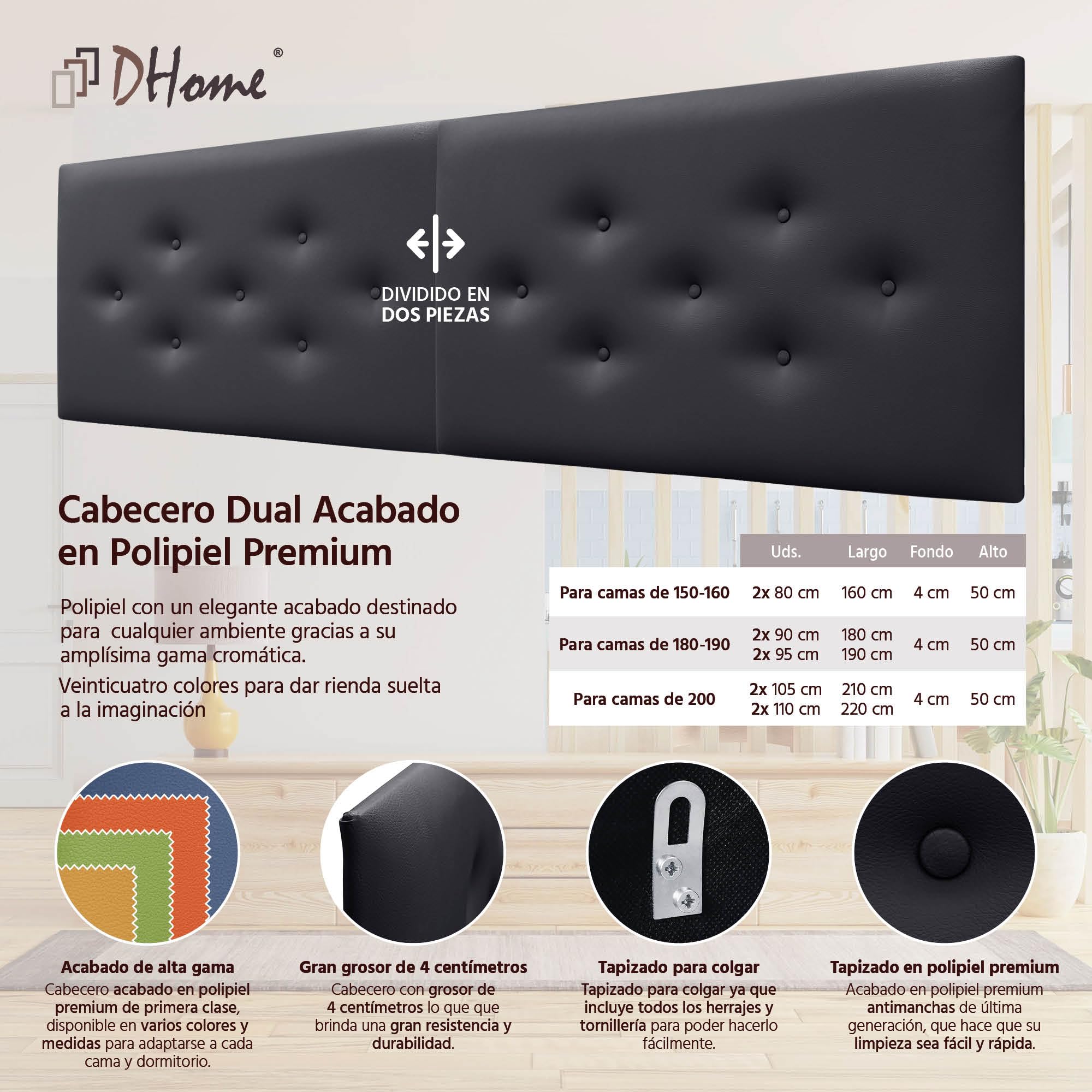 DHOME Testiera in Similpelle o Tessuto ACUALINE con 3 File Intervallate di Bottoni Testata Imbottita Letto di Lusso (Similpelle Nera, 220cm Doppio)
