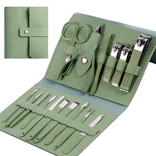 Kit de aseo de uñas de acero inoxidable verde, 16 piezas, herramientas portátiles de manicura y pedicura familiares, kits de cuidado de uñas con