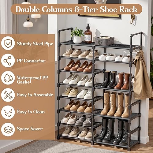 Miniatura 3 de Zapatero organizador de 8 niveles, estante mental para zapatos con capacidad para 26-32 pares altos para botas, estante de almacenamiento con 15