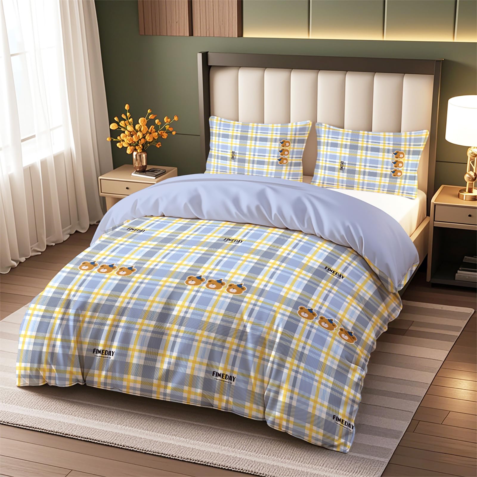 Vryxel Gingham Cartoon Bear Bedding Double Duvet Cover Set Bed Zipper White Blue Gray 200×200CM — image 1