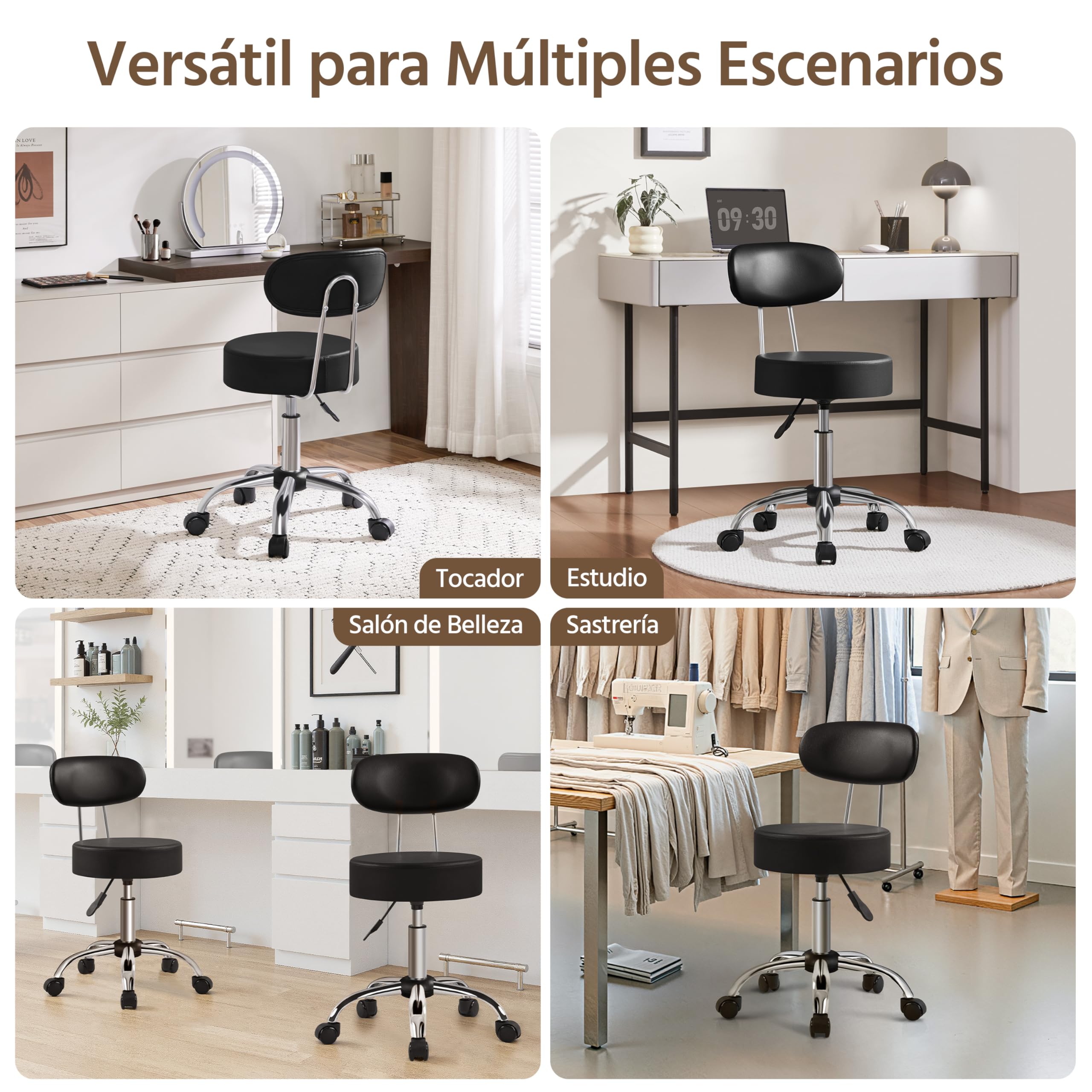 Yaheetech Taburete Giratorio Taburete con Ruedas y Respaldo con Altura Regulable 75.5-85 cm Asiento Tapizado de Polipiel Sintético para Oficina Dormitorio Negro