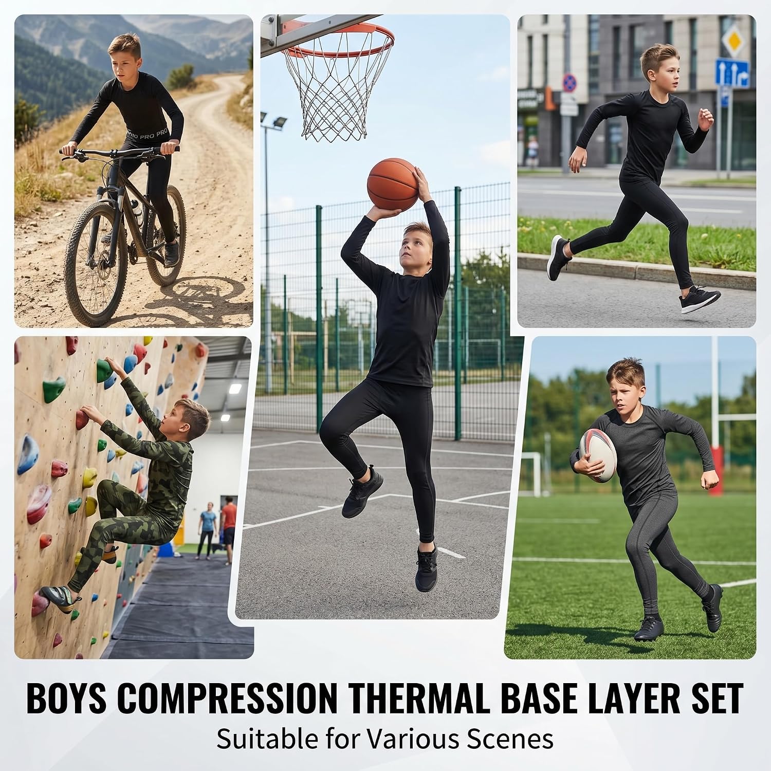 LANBAOSI Youth Boys Long Sleeve Compression Shirt Leggings Football Thermal Tops Tights Base Layer Set Athletic Undershirt