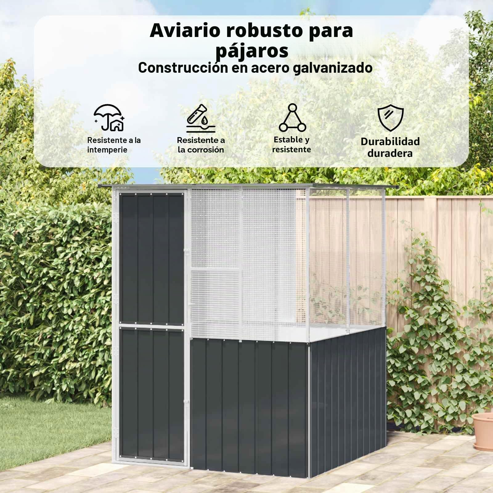 vidaXL Jaula para Aves Antracita 165 x 165 x 200 cm Acero Galvanizado, Jaula Rectangular para pájaros, Elegante, Segura y Amplia, Ideal para tu jardín y terraza, Aves